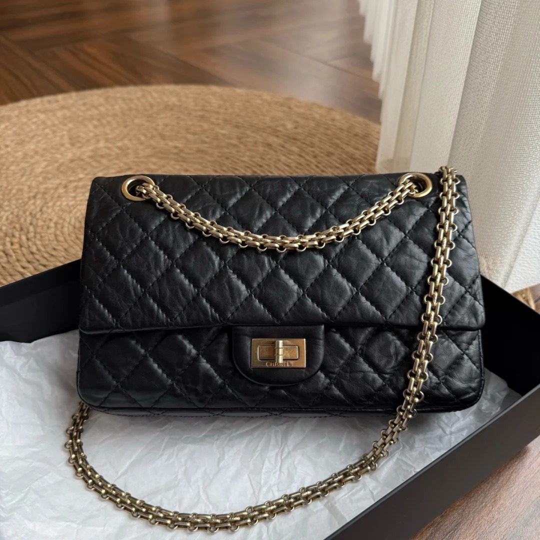 95新 Chanel/香奈儿 小花Jerry2.55 口盖包 大号 黑色 金扣 28开