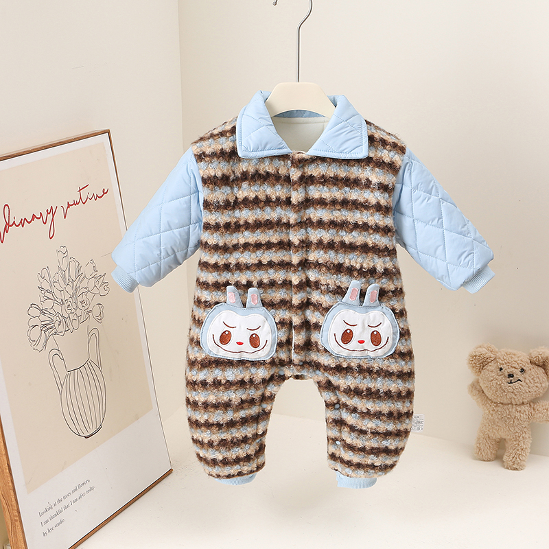 秋冬可爱洋气单排扣冬季小翻领波浪纹薄棉哈衣幼儿加绒卡通连体衣