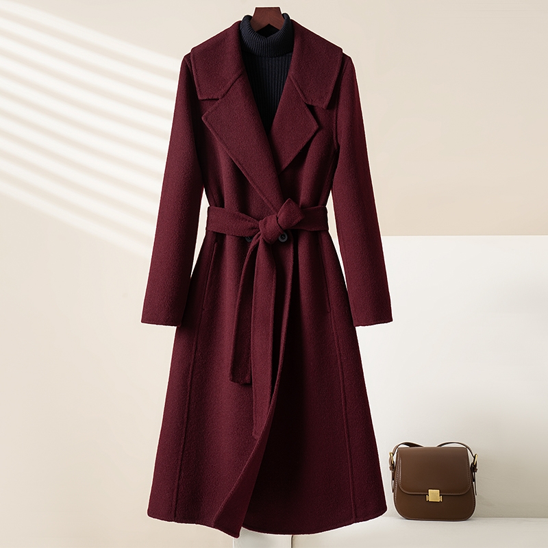 拉菲红双面羊绒大衣女长款2025新款气质翻领优雅羊毛呢子外套秋冬
