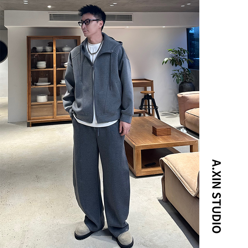 【阿信】25秋季新款深灰开衫连帽卫衣男士休闲宽松百搭外套运动