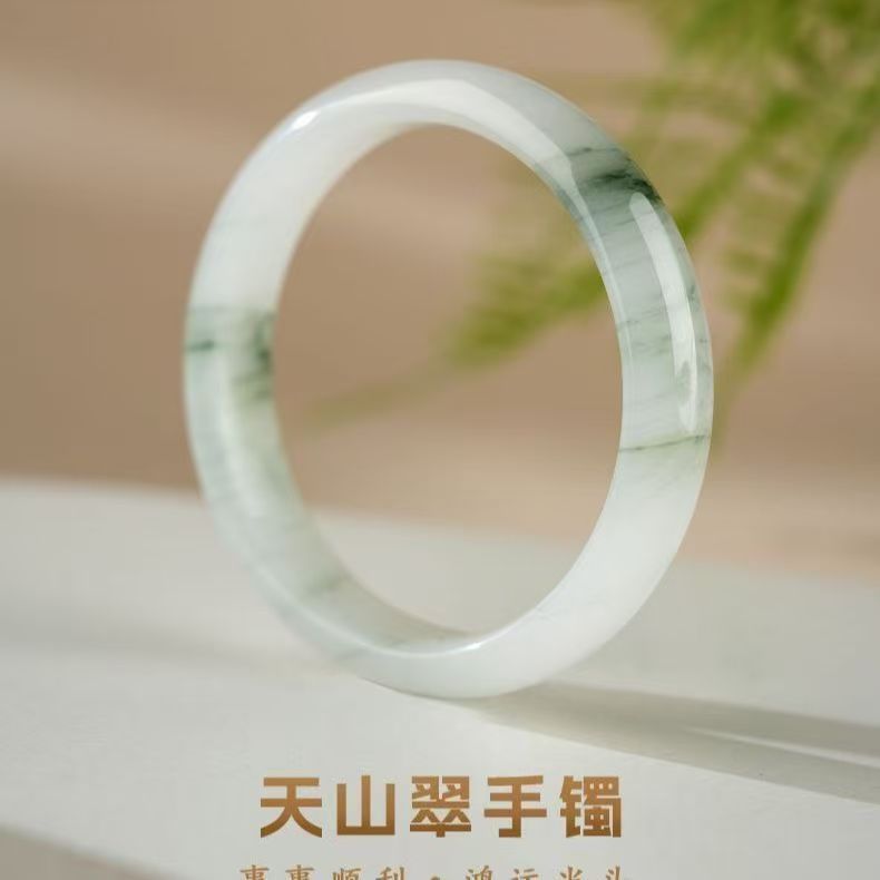 新疆天山翠绿飘花金丝玉手镯时尚半山水飘花平安镯子天山翠玉镯