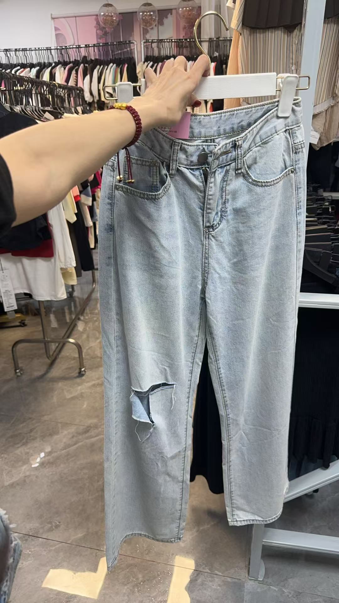 高腰破洞直筒牛仔裤女宽松显瘦阔腿长裤休闲百搭