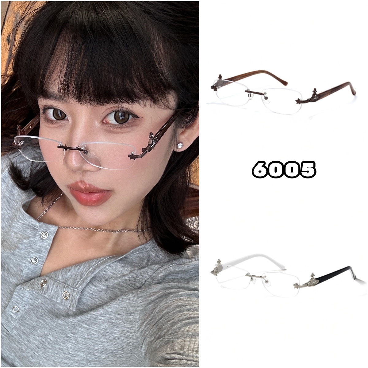 「2202」大土星无框眼镜框中古风钻石土星日系小脸高品质板材+钛