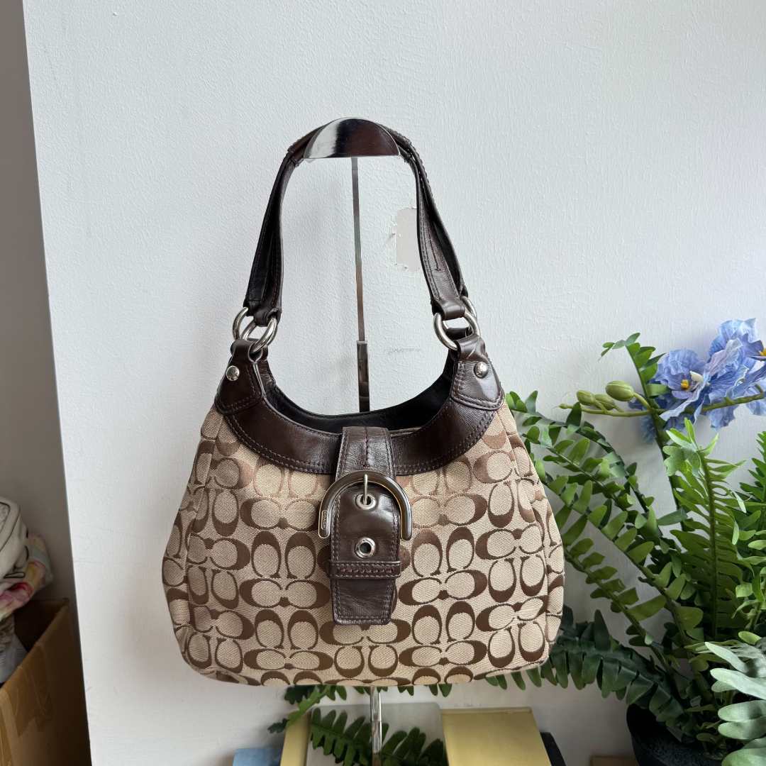 95新 COACH/蔻驰 中古老花棕色南瓜手提腋下包032