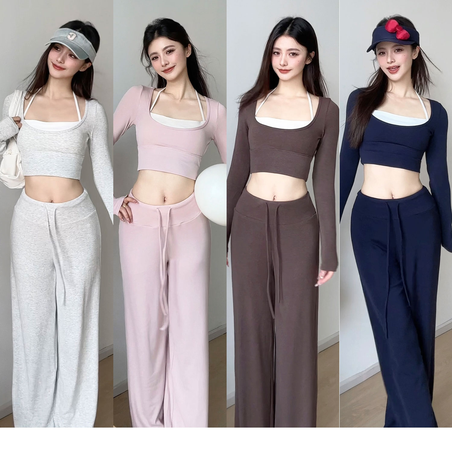 gogoyoga休闲运动套装女秋固定杯长袖瑜伽上衣显瘦健身阔腿直筒裤