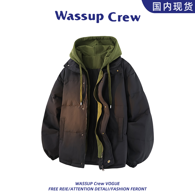 WASSUP CREW美式假两件连帽羽绒服男款冬季新款宽松保暖羽绒外套