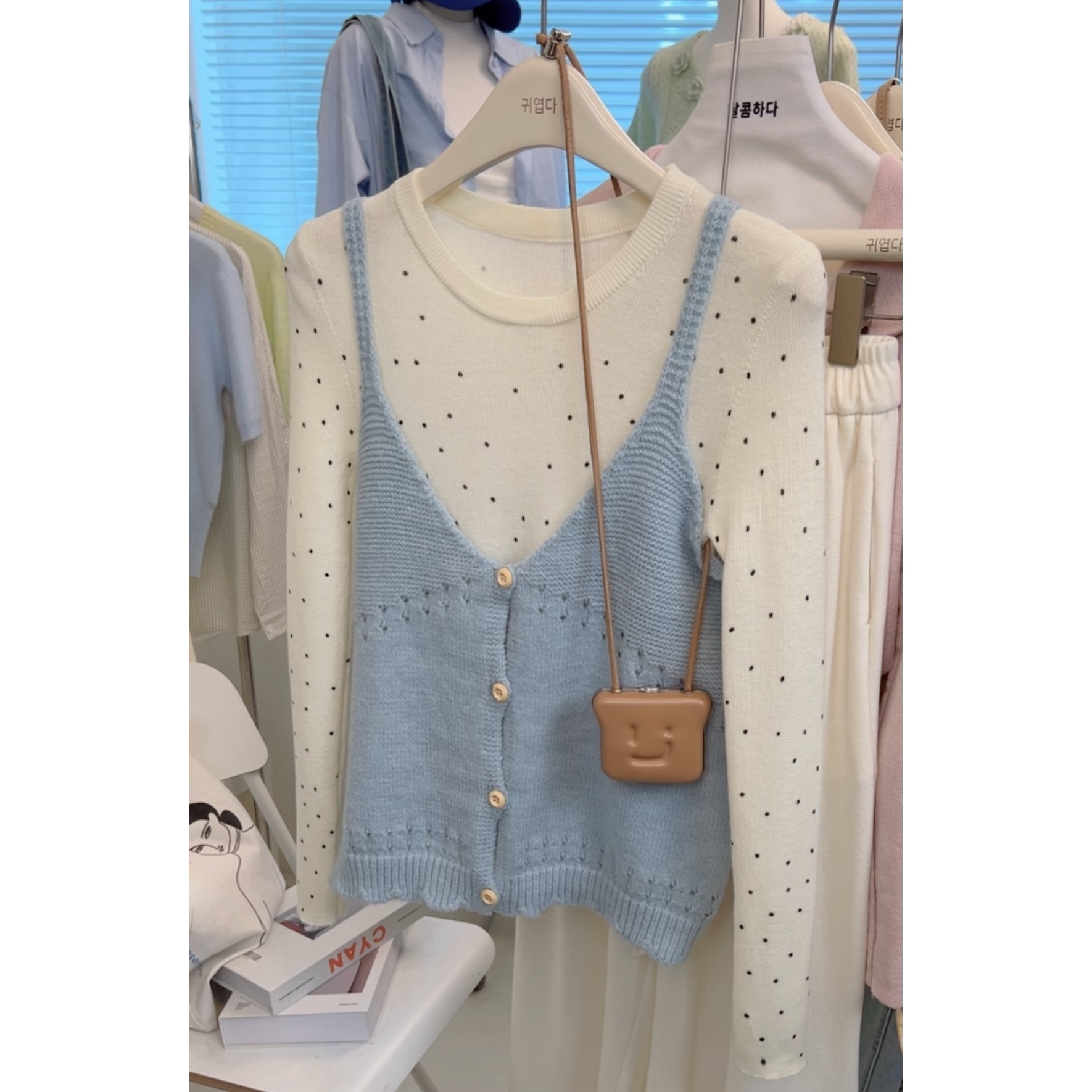 韩系慵懒风软糯2025秋冬新款宽松显瘦针织波点上衣套装