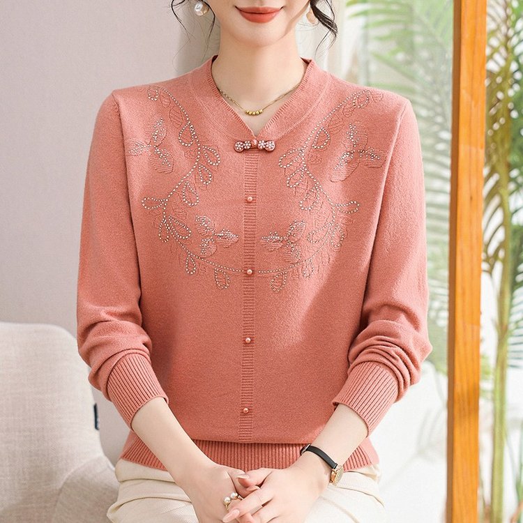 妈妈装秋季新款针织衫旗袍领国风长袖上衣中老年女气质绣花衫9057