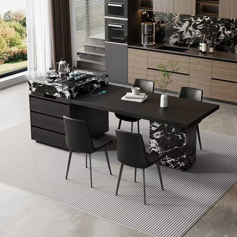 意式轻奢极简客厅岩板岛台餐桌一体家用宝格丽黑白多功能伸缩餐桌