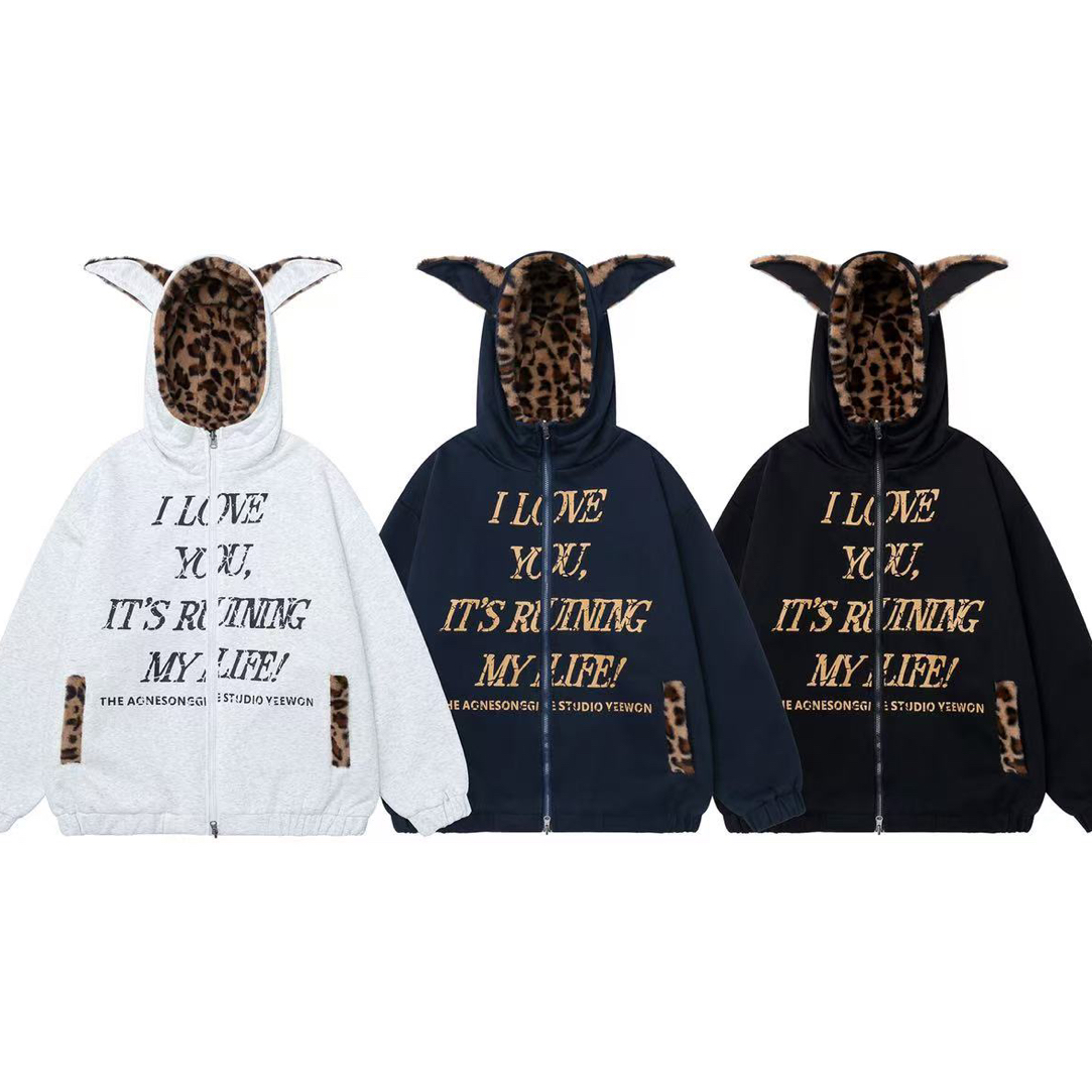 豹纹贴布连帽外套冬季加厚麂皮毛领情侣宽松百搭帅气潮流棉衣