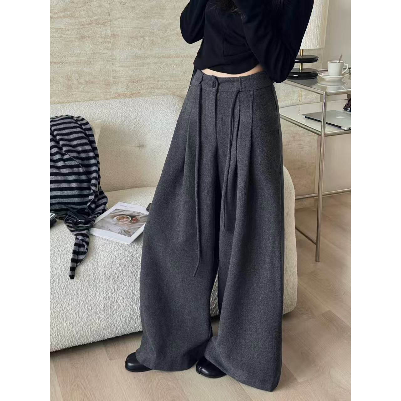 SP【显瘦绝绝子】羊毛立体剪裁廓形压褶休闲裤秋冬显瘦直筒阔腿长裤