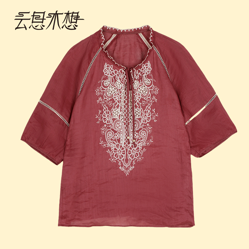 Ysimo-X云思木想 朱麻云逸 镂空绣花花边绑带领100苎麻衬衫13391