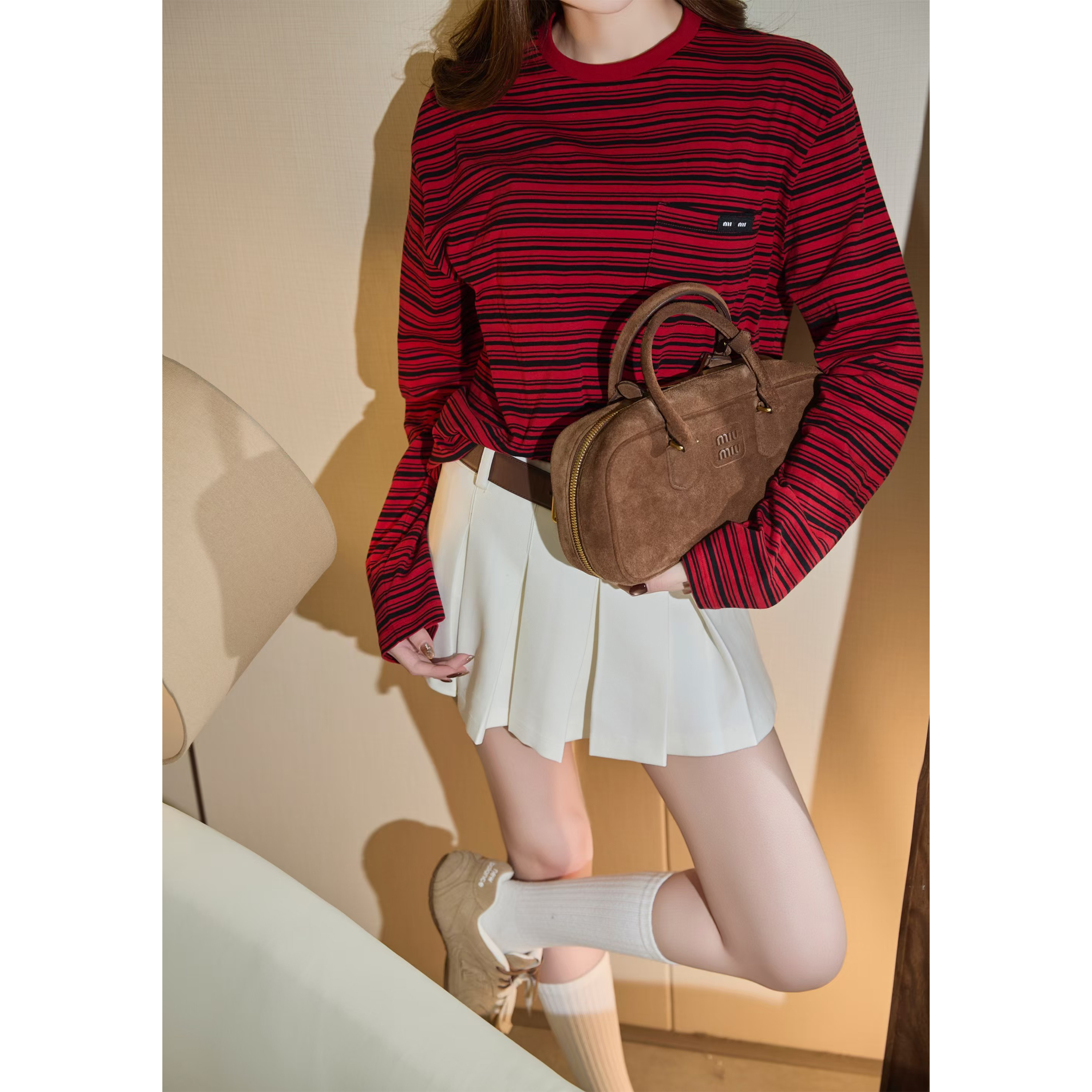 LMERENCE “禧可”  缪系新年红色条纹撞色棉质平纹针织长袖T恤  