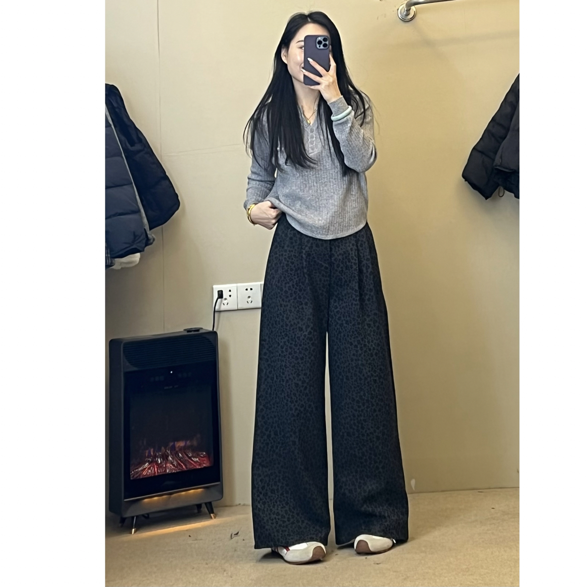 豹纹慵懒呢子阔腿裤