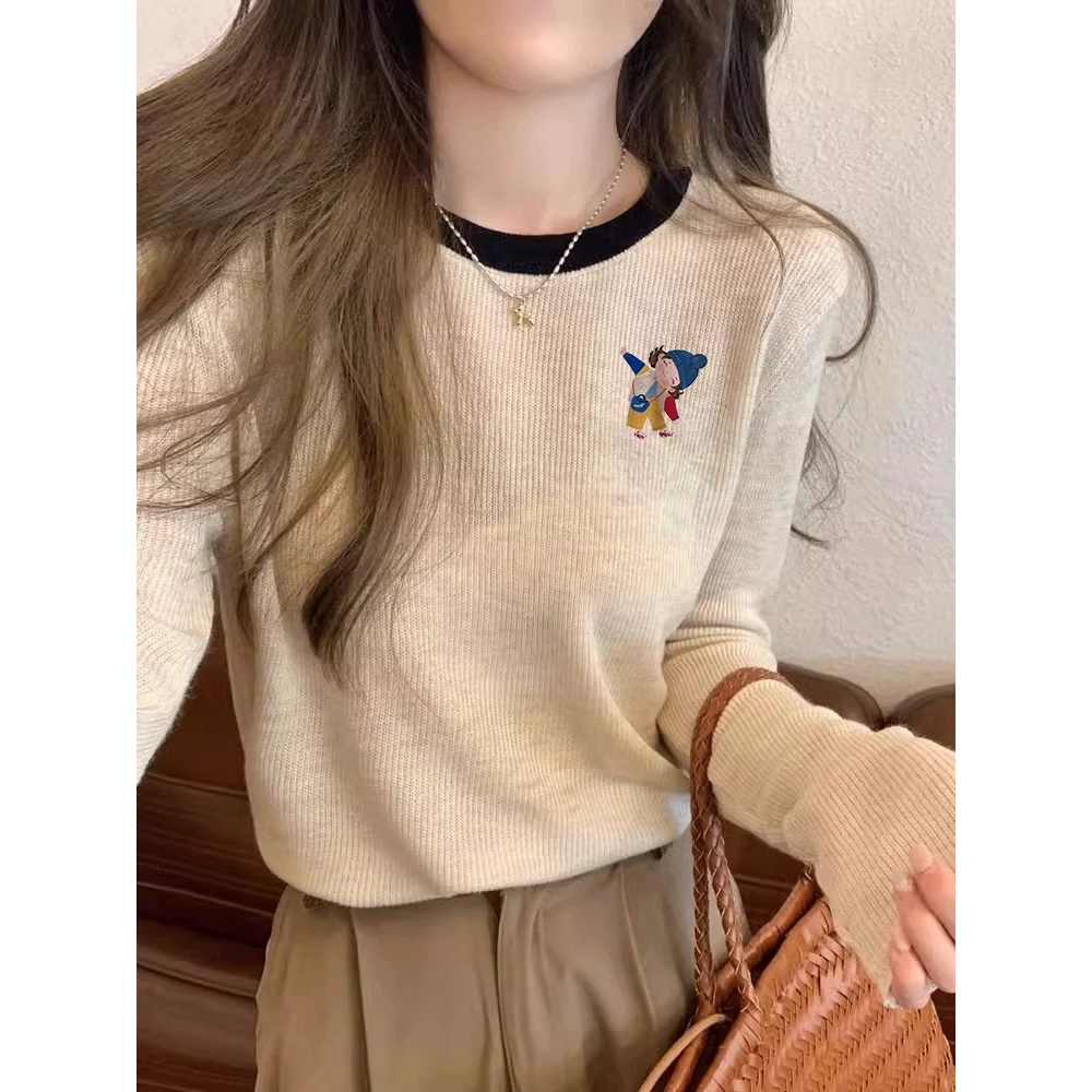 大码女装撞色圆领针织正肩T恤女2025秋季新爆款美式内搭长袖上衣