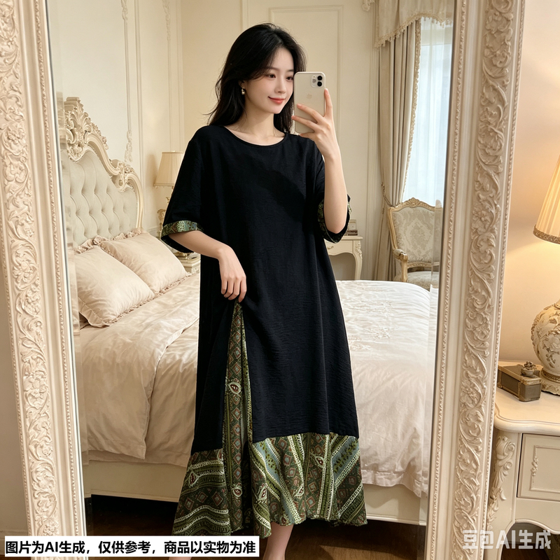 【Annie232】夏款复古民族风印花撞色休闲宽松大码显瘦连衣裙裙子