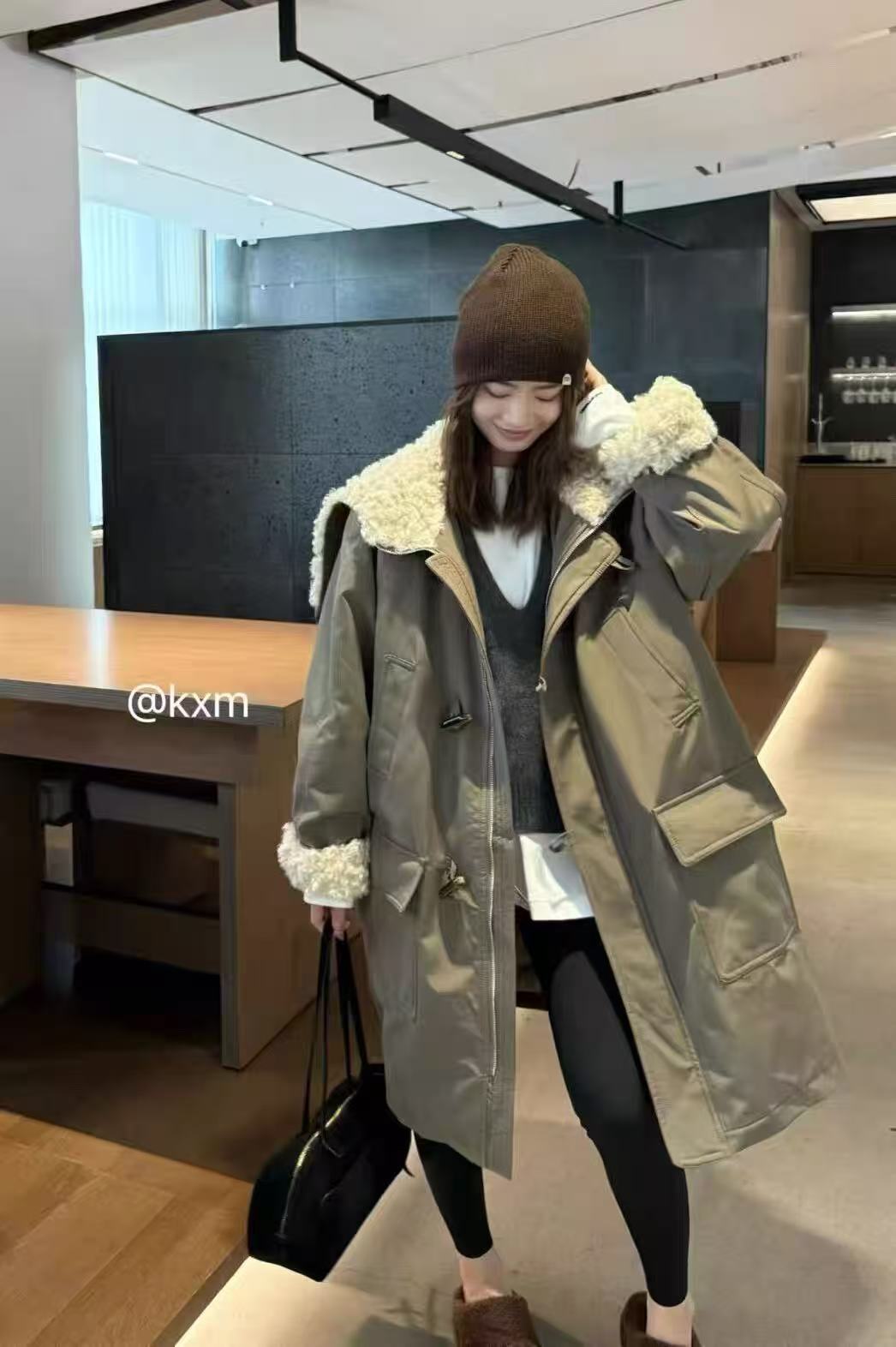 羊羔工装长款派克服冬季加厚牛角扣保暖过膝外套