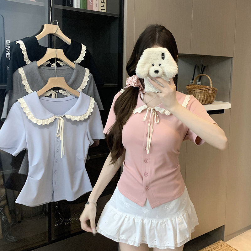 【6622】大码女装胖mm拼接花边娃娃领短袖T恤夏季甜美风显瘦上衣