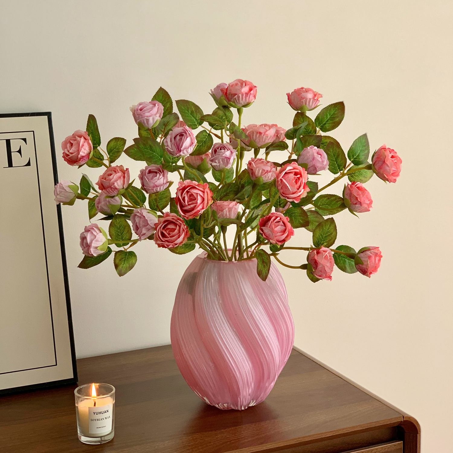 粉色玻璃花瓶仿真多头玫瑰花客厅插花餐桌花束摆件玻璃花瓶装饰品