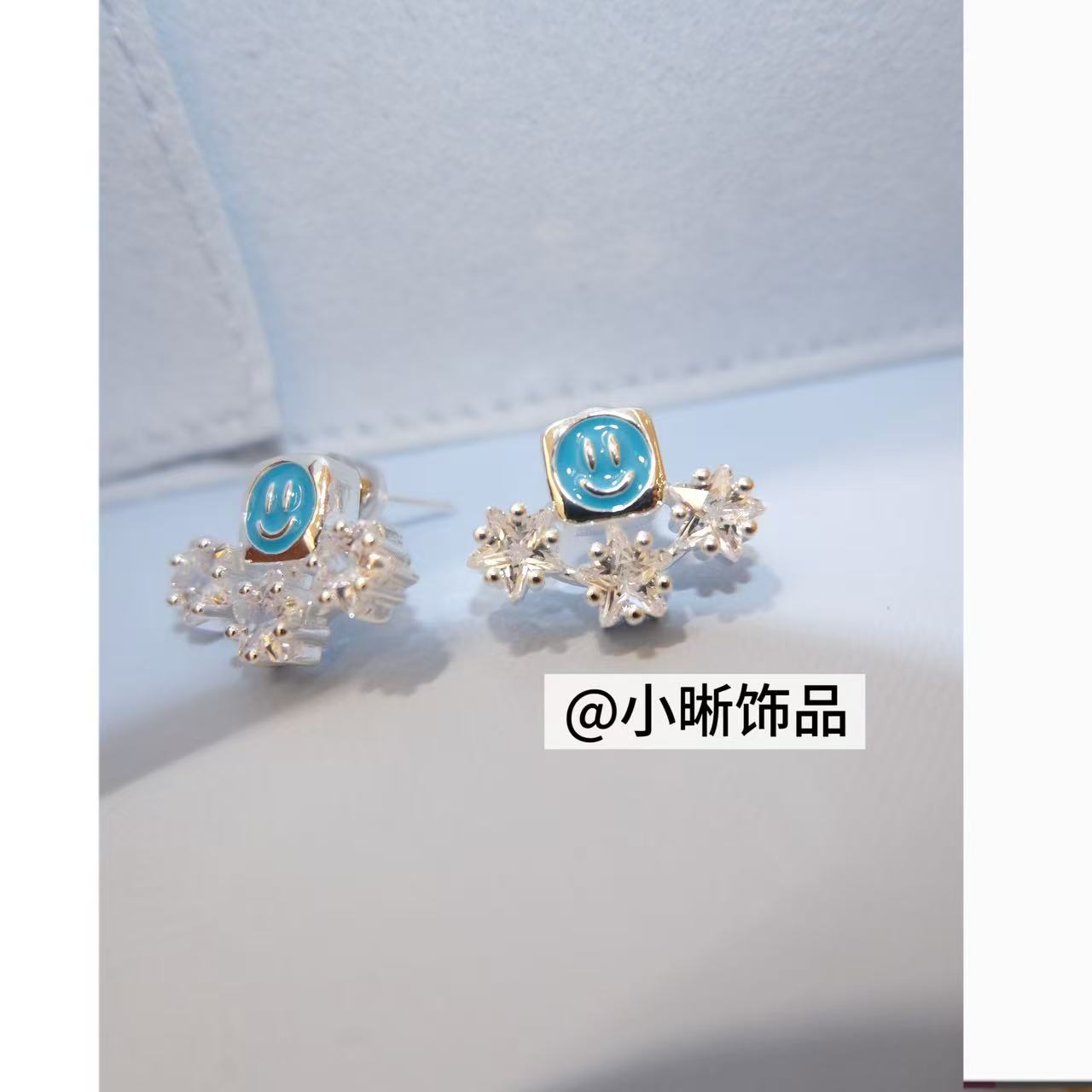 铜合金锆石耳饰 小众设计百搭蓝色笑脸耳饰46595