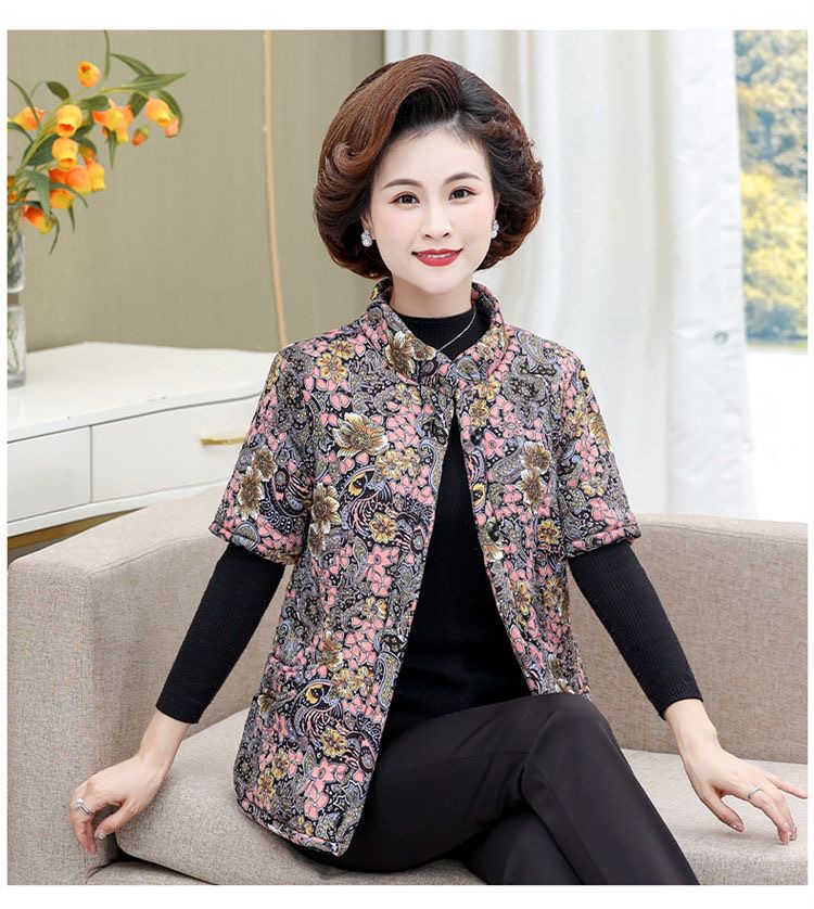 正版女士半袖棉服大码洋气女棉衣中老年加绒加厚碎花妈妈装
