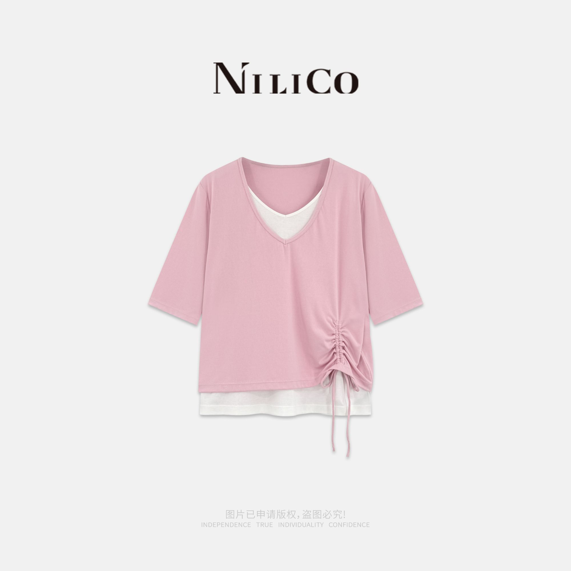 NILICO【柔汐】显瘦遮肉撞色假两件设计感气质时尚休闲短袖t恤上衣