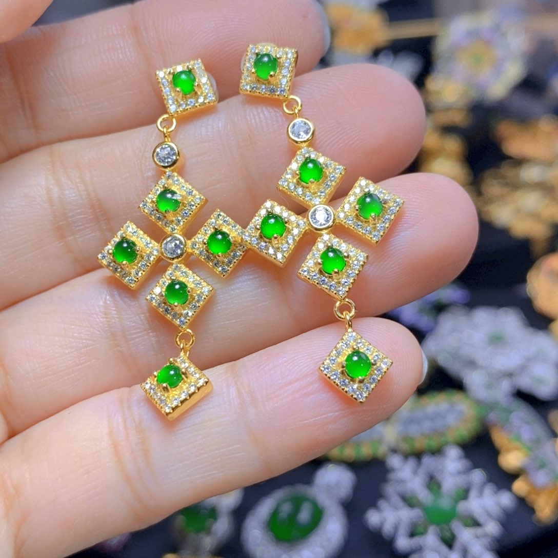 翡翠耳钉银S925镶嵌天然翡翠