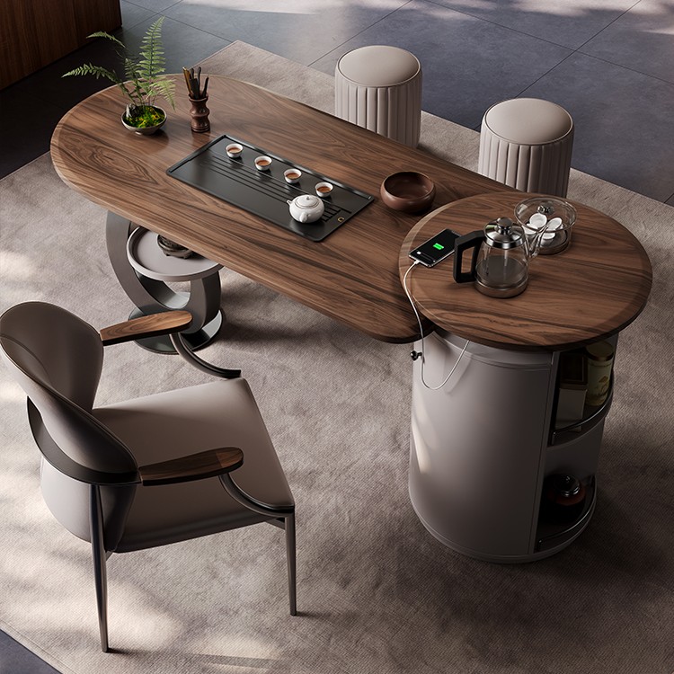 意式轻奢阳台家用高级感小茶桌椅组合现代极简胡桃木纹面实木茶台