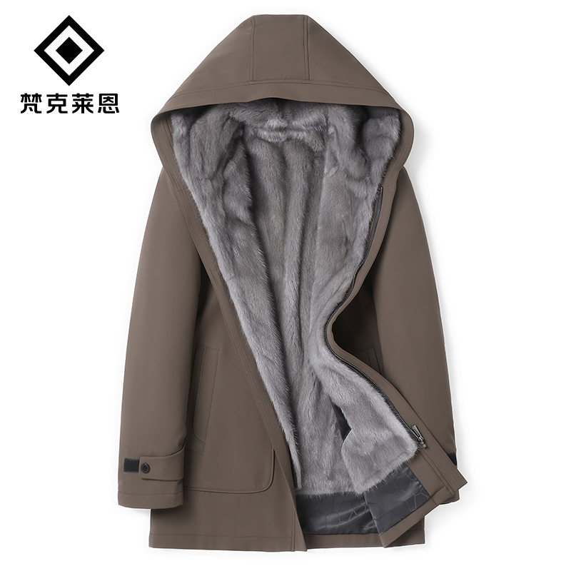 貂皮大衣男整貂水貂内胆尼克服连帽中长款皮草派克服加绒保暖外套