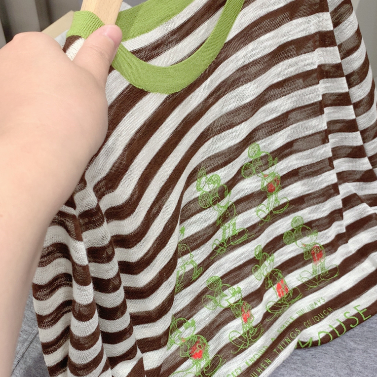 宝衣家 【米奇条纹】夏季女士柔软透气绿咖色条纹撞色圆领针织长袖