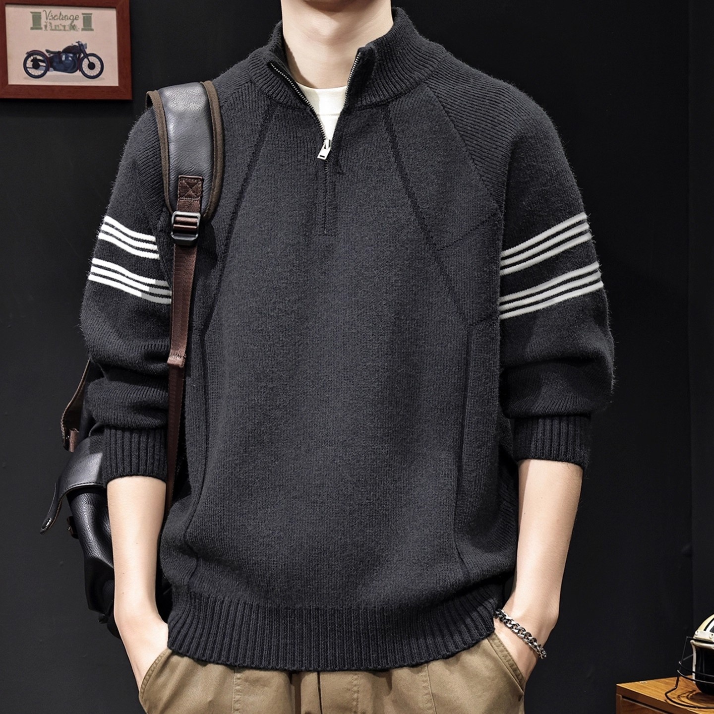 条纹撞色美式复古半拉链立领毛衣男秋冬高端大码加厚保暖外穿衣服