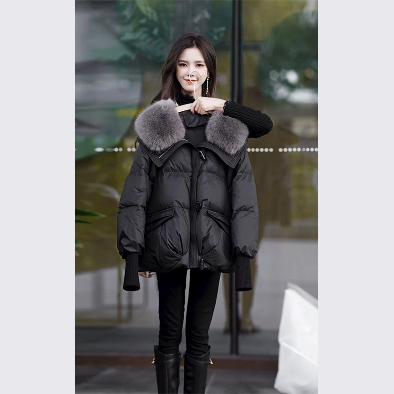 2025冬季新款时尚棉服女短款洋气韩版宽松棉衣女超大毛领加厚棉袄
