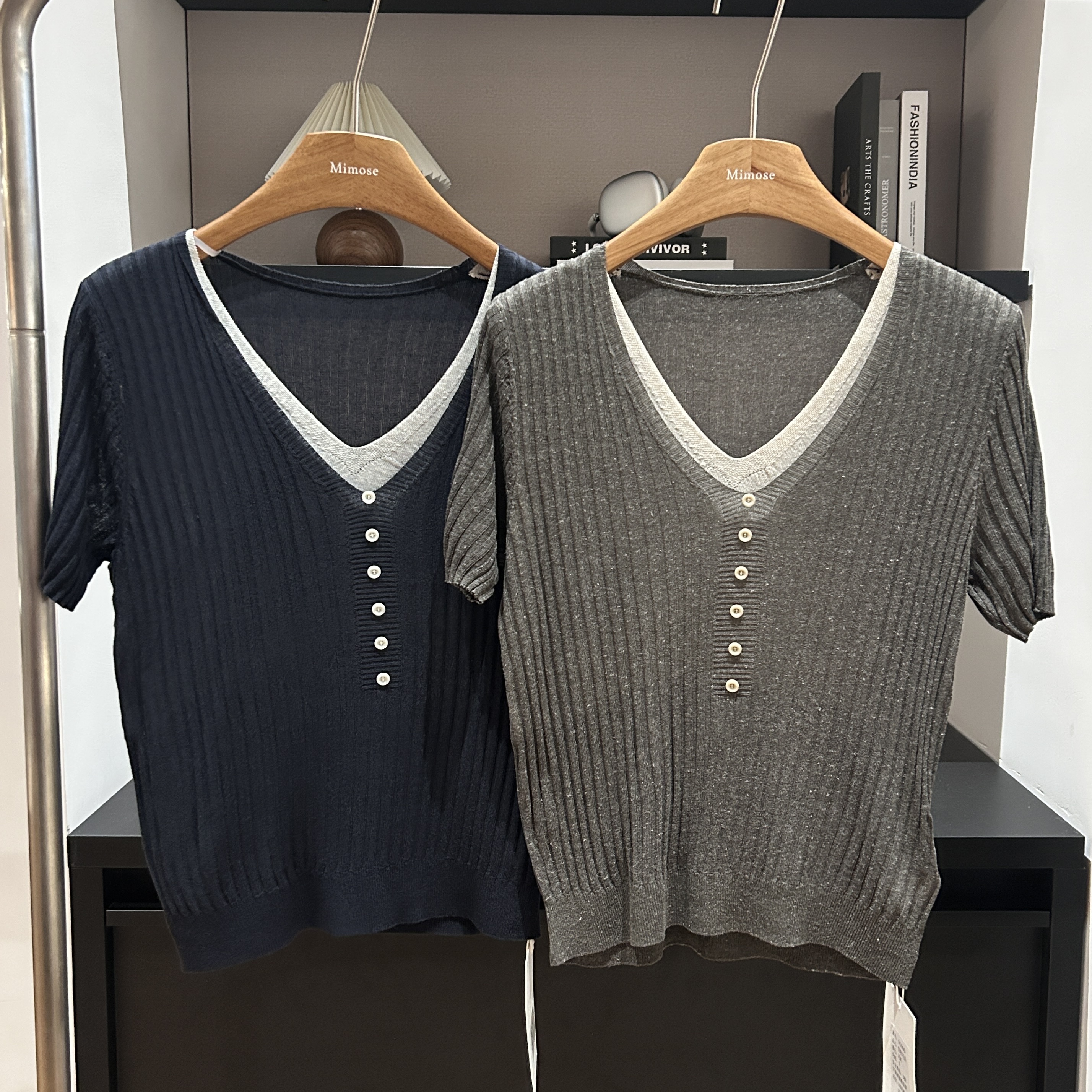 夏季新款韩系假两件单排扣v领针织短袖上衣91600（衣长58胸围90）