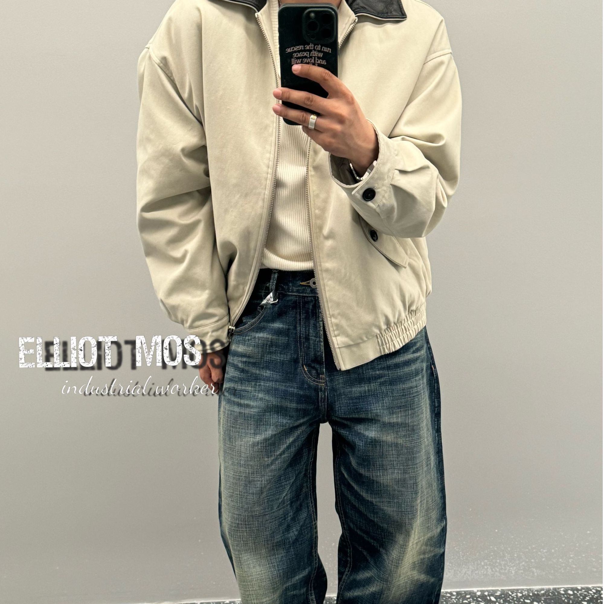 Elliot Mos牛皮领拼接~Down Jacket复古撞色哈灵顿夹克羽绒服1324