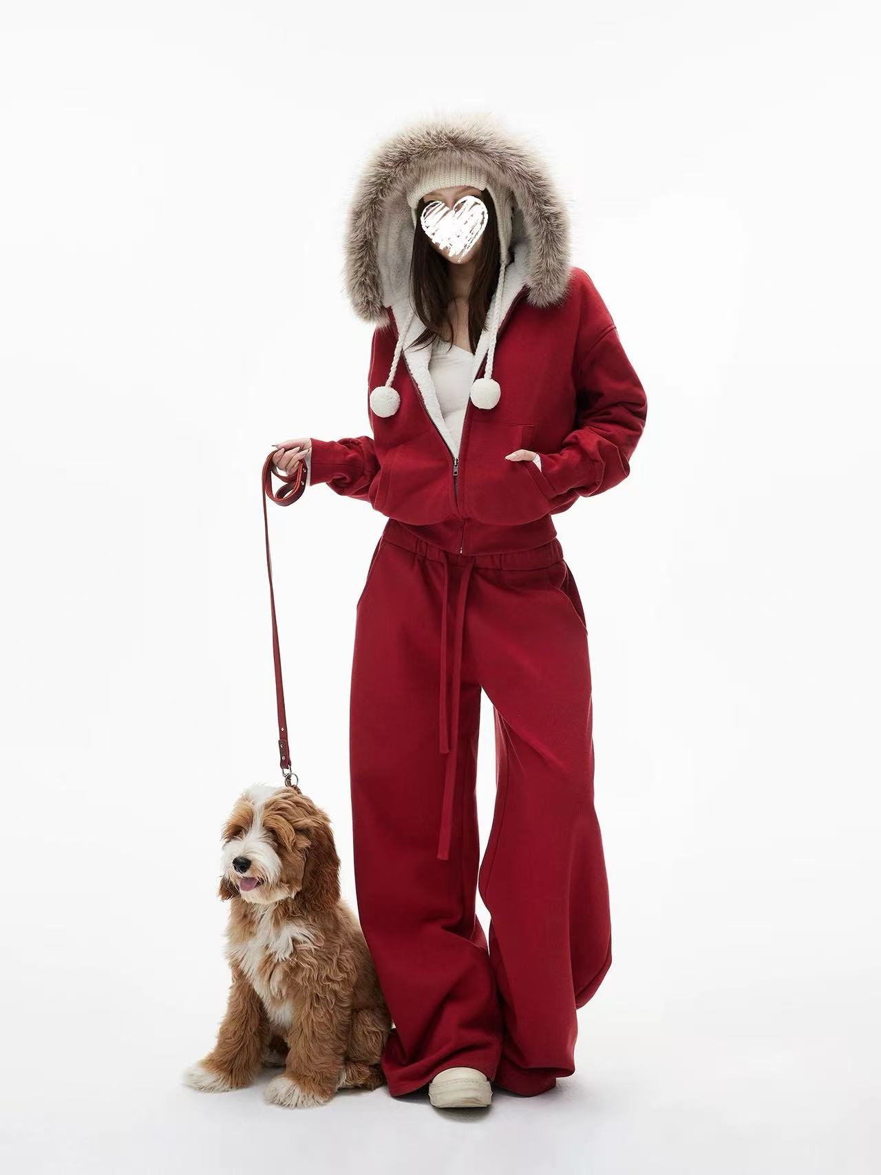 高比例棉感定染熔岩红连帽环保毛领加绒卫衣+弯刀卫裤套装  60063