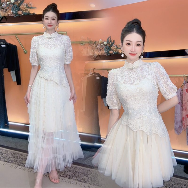 【小茵家】夏季气质收腰高定柔软蕾丝衫吊带蛋糕裙套装两件套长款