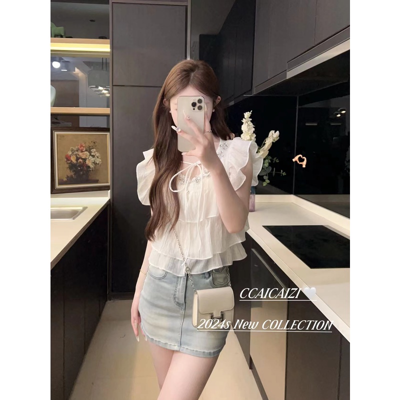 【夏日出逃】方领镶钻荷叶边小衬衣 