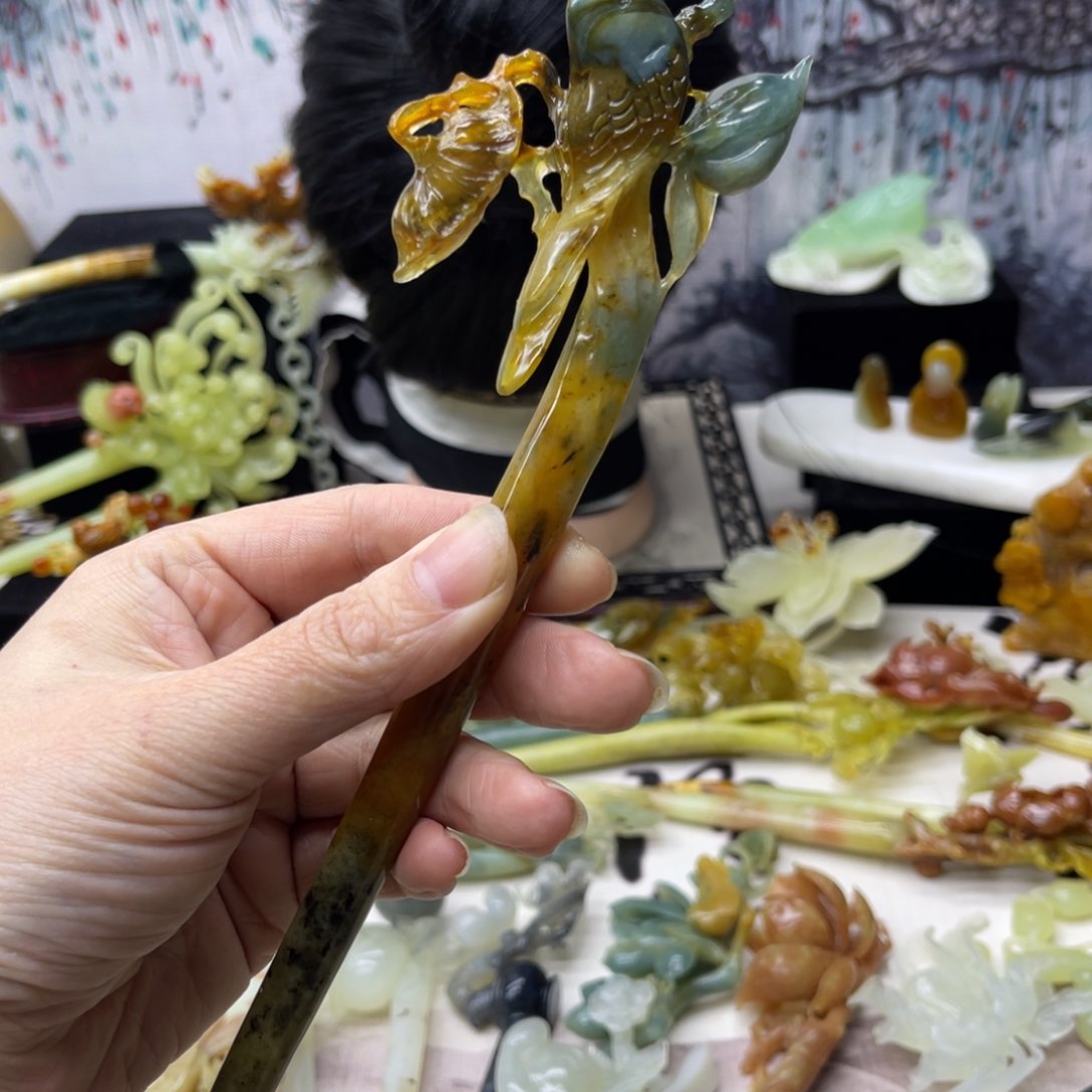 【闪购商品】蛇纹石玉发饰合金你**字