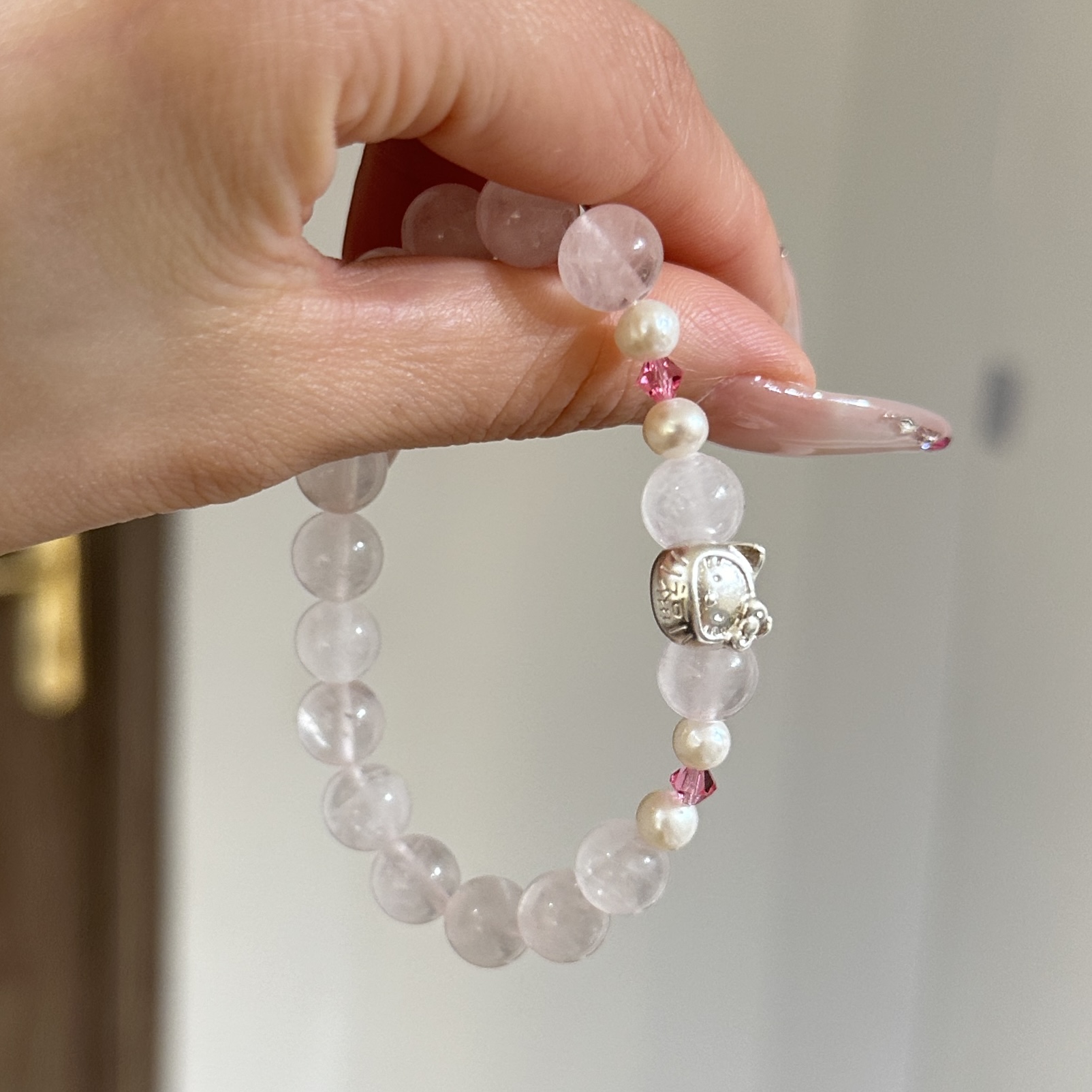 tx320-[小kitty达摩蛋]淡水珍珠粉水晶s925施华洛手串