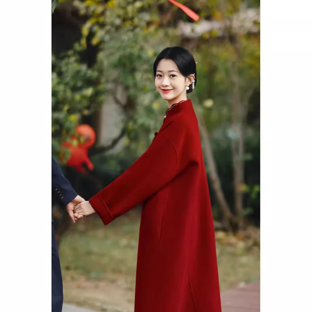 红色国风双面羊绒大衣女2025秋冬新款结婚喜庆中长款羊毛呢外套厚
