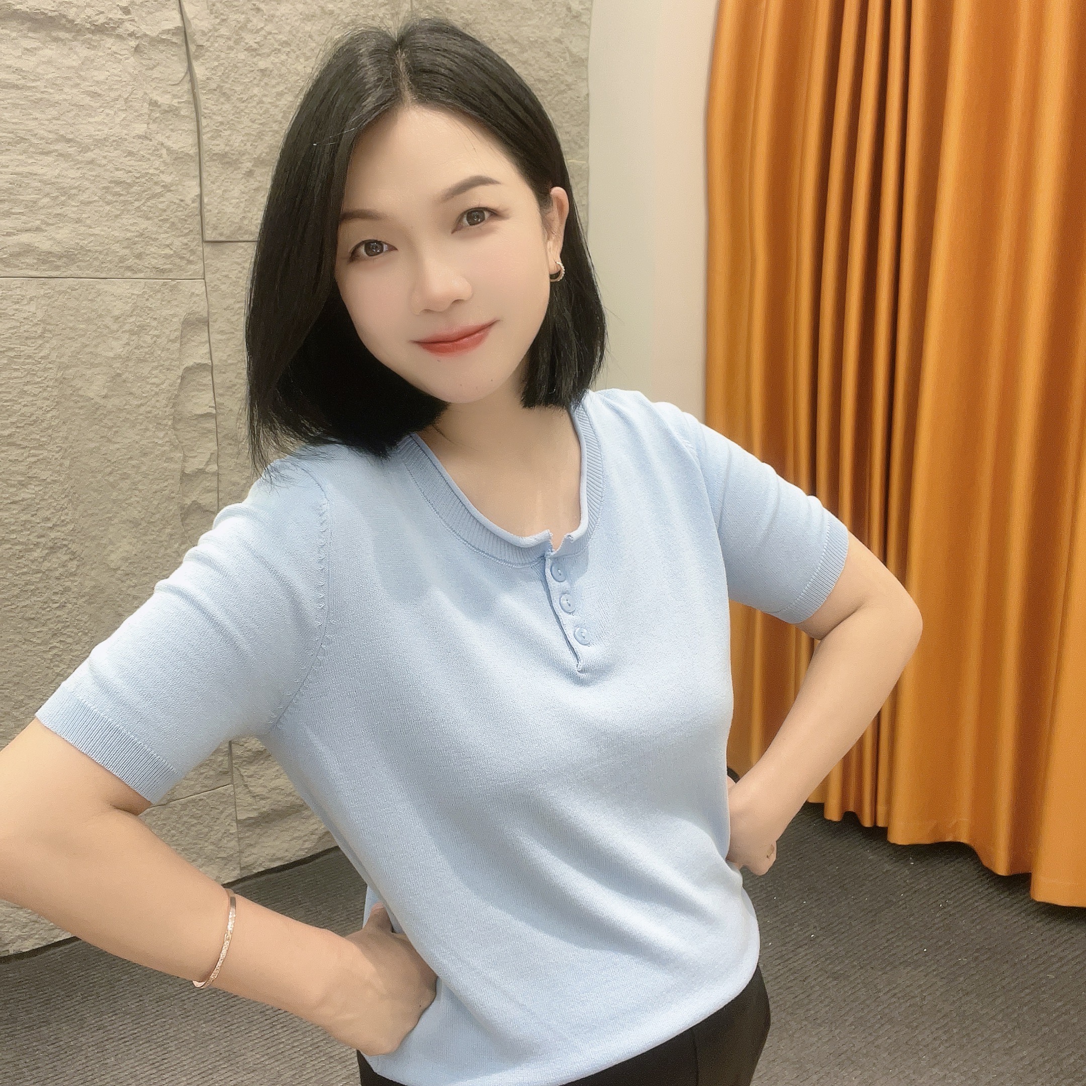 5312新款夏季弹力大微胖显瘦【大米家上衣】纽扣可解开两种穿搭纯欲