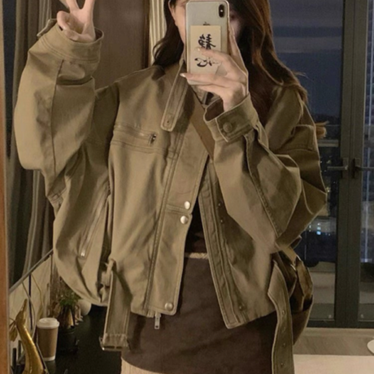 秋季机车风立领外套搭配短裤套装-3639