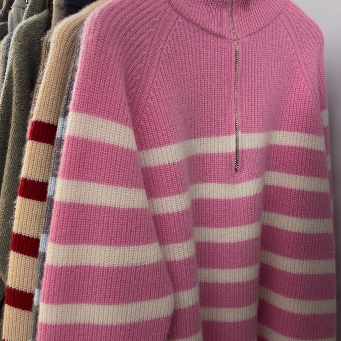 半拉链 条纹 拼色 羊绒衫