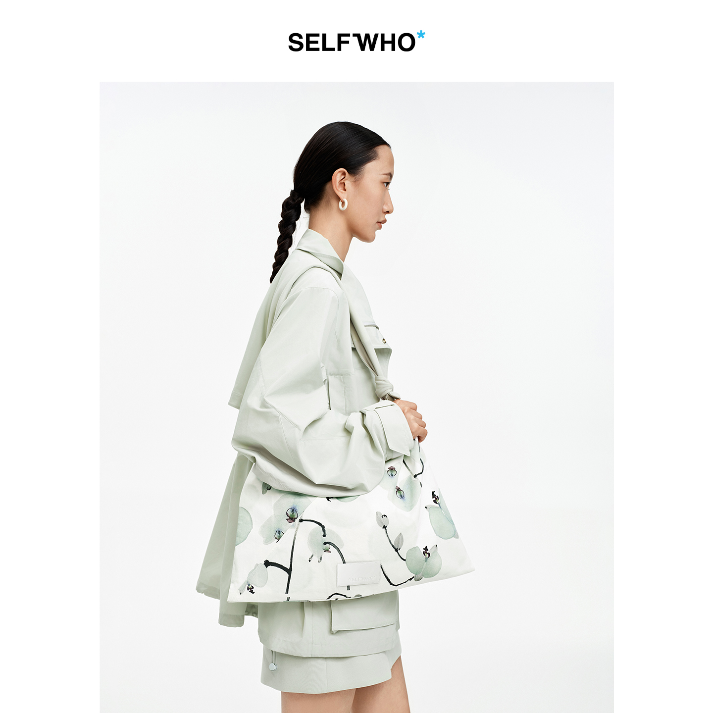 SELFWHO棉混纺满印兰花图案单肩包女2026春季新款通大容量手提包