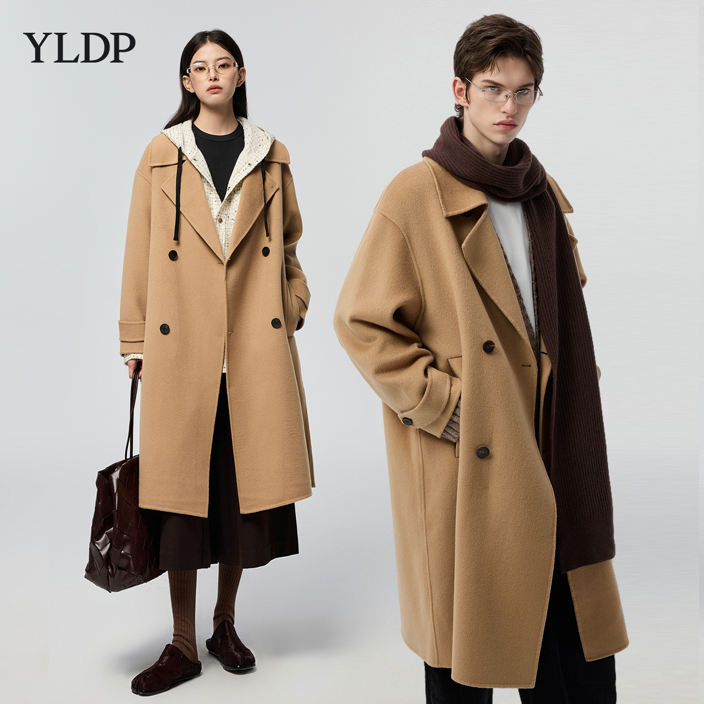 YLDP复古老钱风美拉德双排扣翻领双面呢绵羊毛大衣中长款毛呢外套