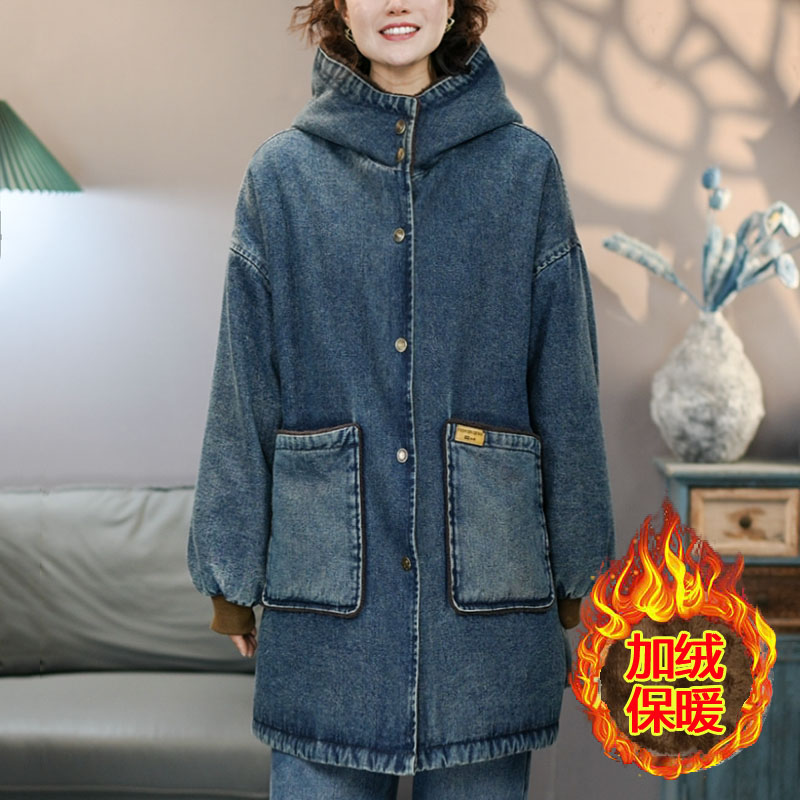 2623-1蓝色加绒中长款连帽牛仔棉服2025冬季新款加厚保暖棉衣