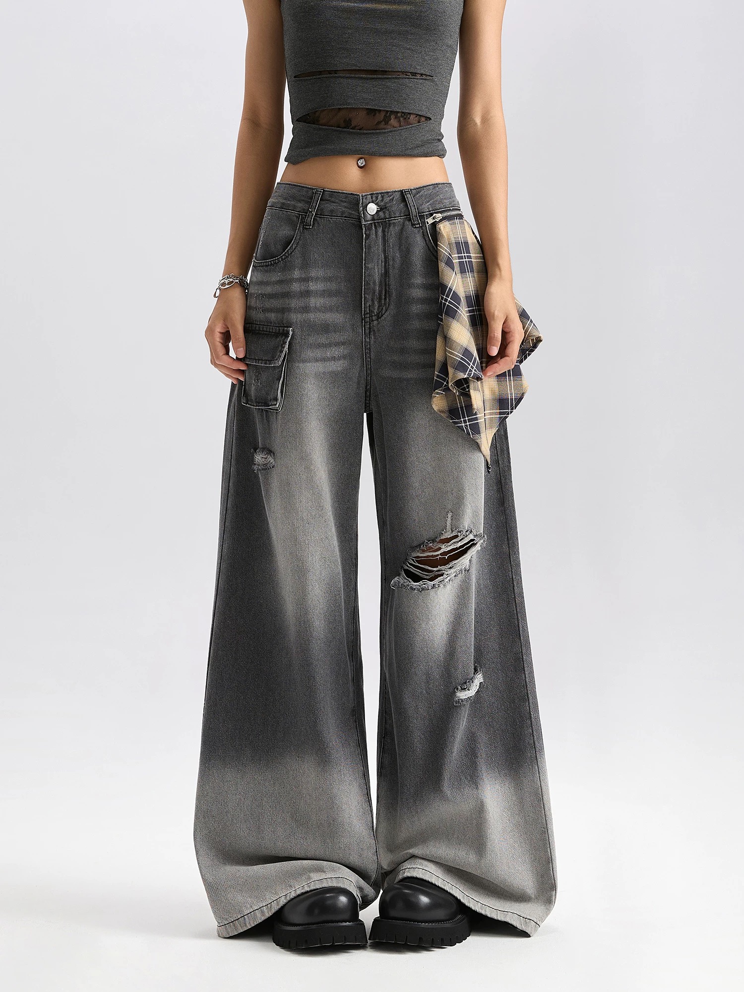 女欧美复古阔腿裤宽松直筒美式高腰水洗牛仔裤2025秋季女装爆款