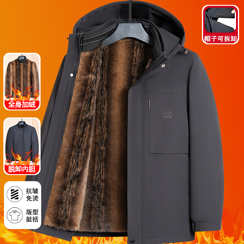 【可拆卸羊毛派克/袖子＋毛】新款加绒加厚棉衣中老年男士外套爸爸装