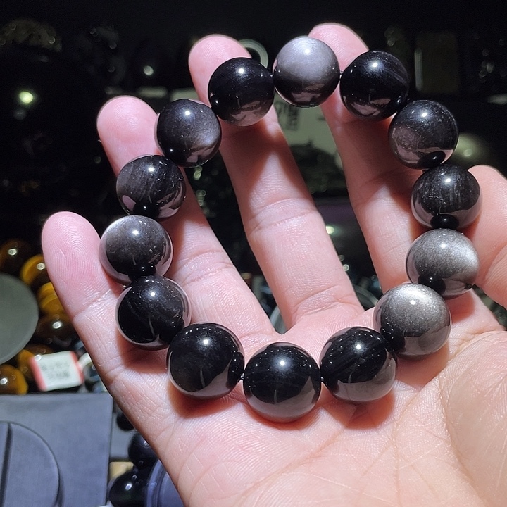 黑曜岩未镶嵌手链银曜石16mm