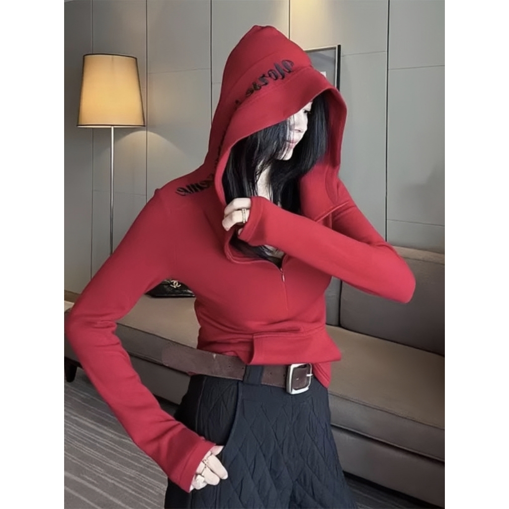 「涵涵家」早春新款刺绣字母半拉链慕斯暖绒显瘦百搭连帽卫衣女#471